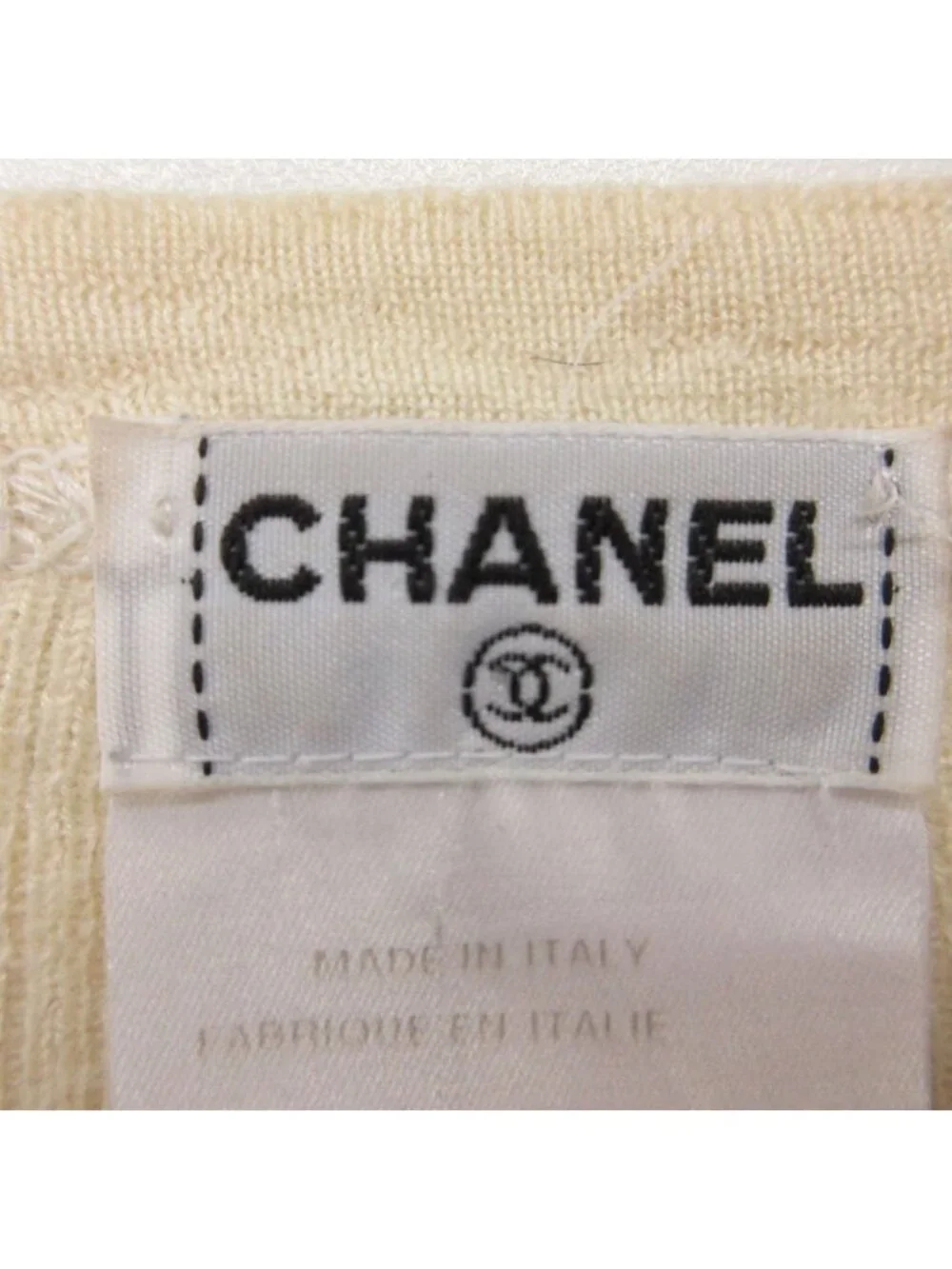 Chanel Knit Logo Plate Cashmere Silk Rib Contrast Short Sleeve Top Light Beige